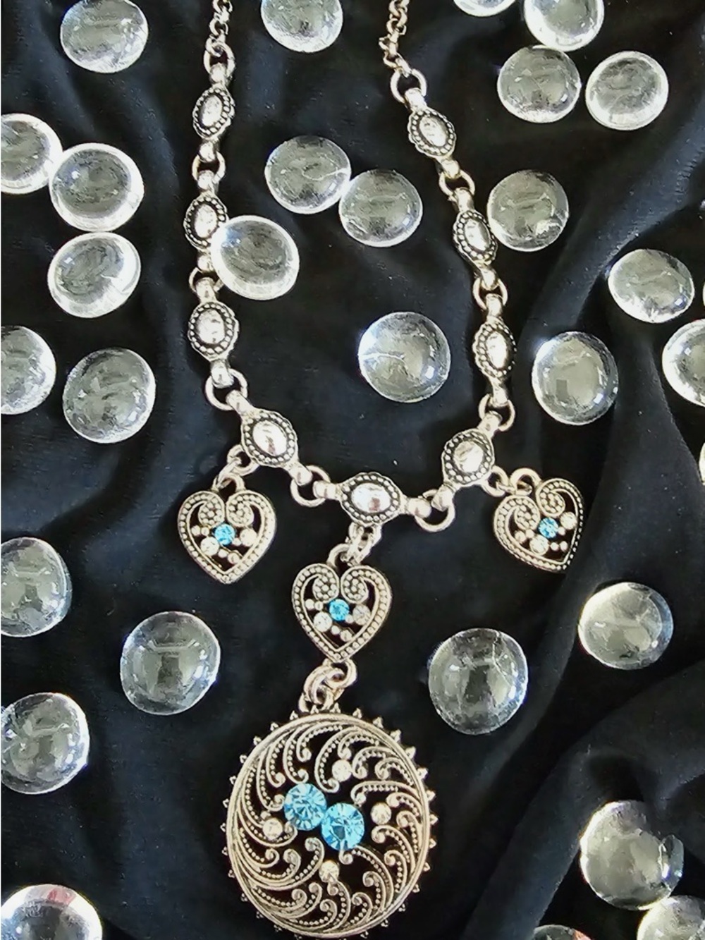 Silver Tone Heart Charm Necklace Blue Crystal Filigree Statement Boho